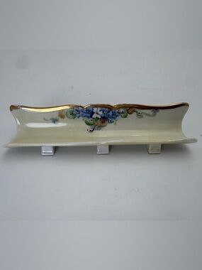 Vintage 1940s French Limoges Porcelain Tray with Delicate Blue Flowers and Gold